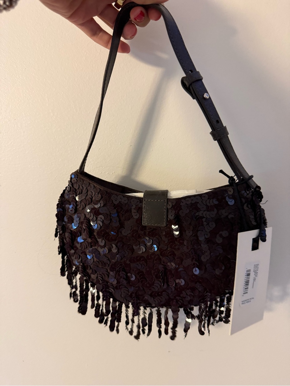STAUD Alana Sequin Fringe Shoulder Bag Espresso Brown NWT $295 - Picture 3 of 5
